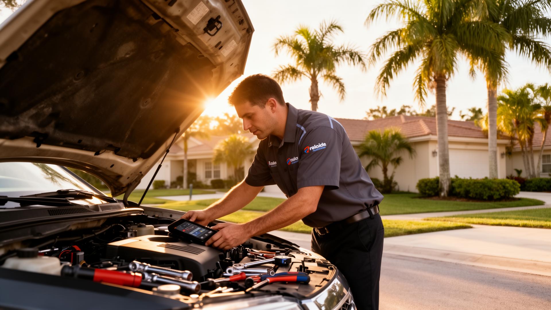 Mobile mechanic replacing a car battery in a driveway in Springfield, Missouri